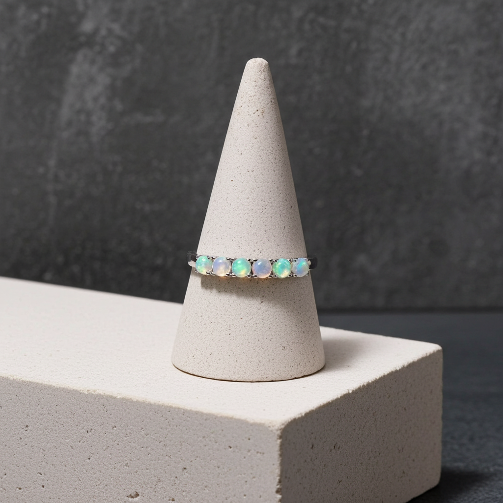 Australian White Opal Band Ring 3mm 925 Sterling Silver