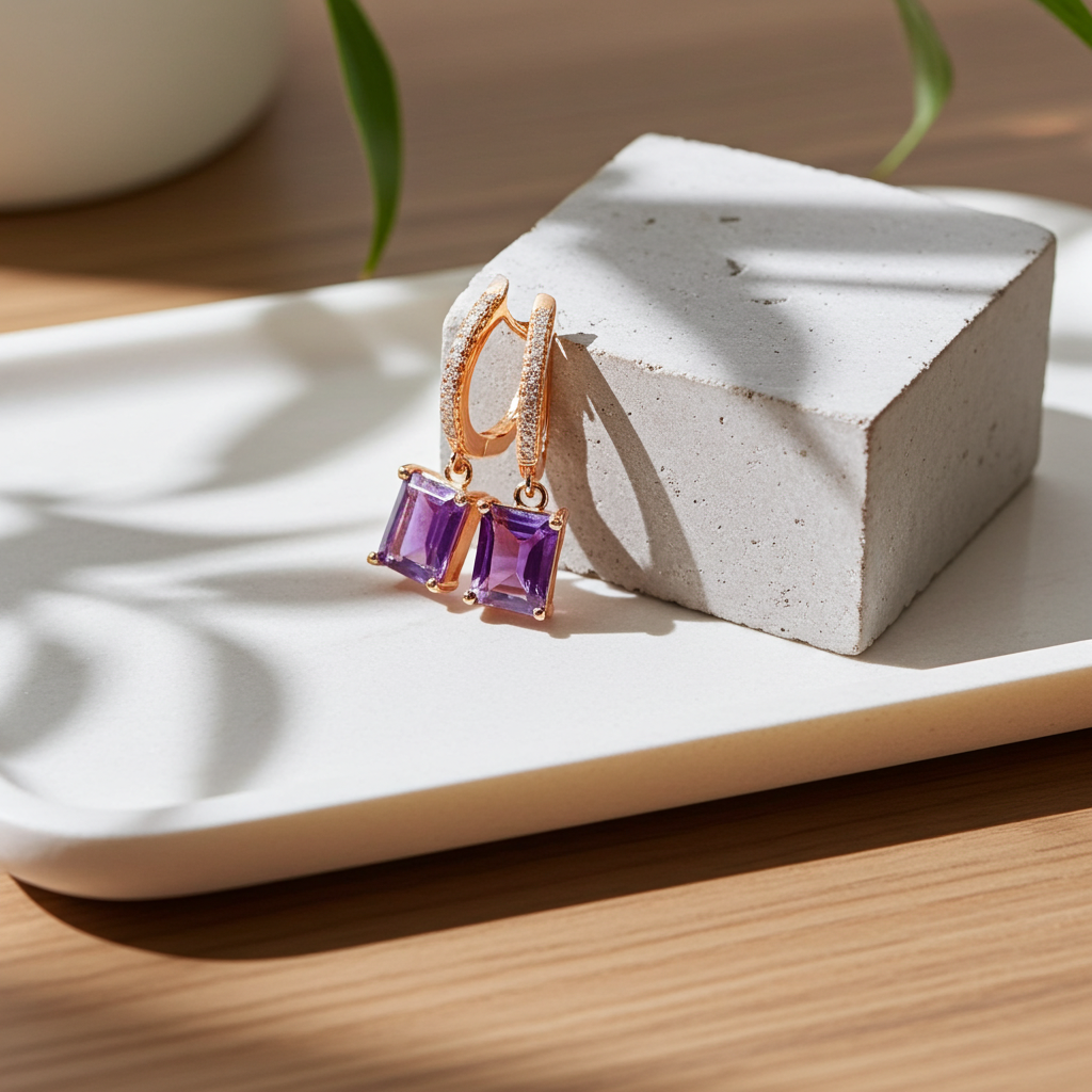 1CT Natural Emerald Cut Amethyst Gemstone Earrings