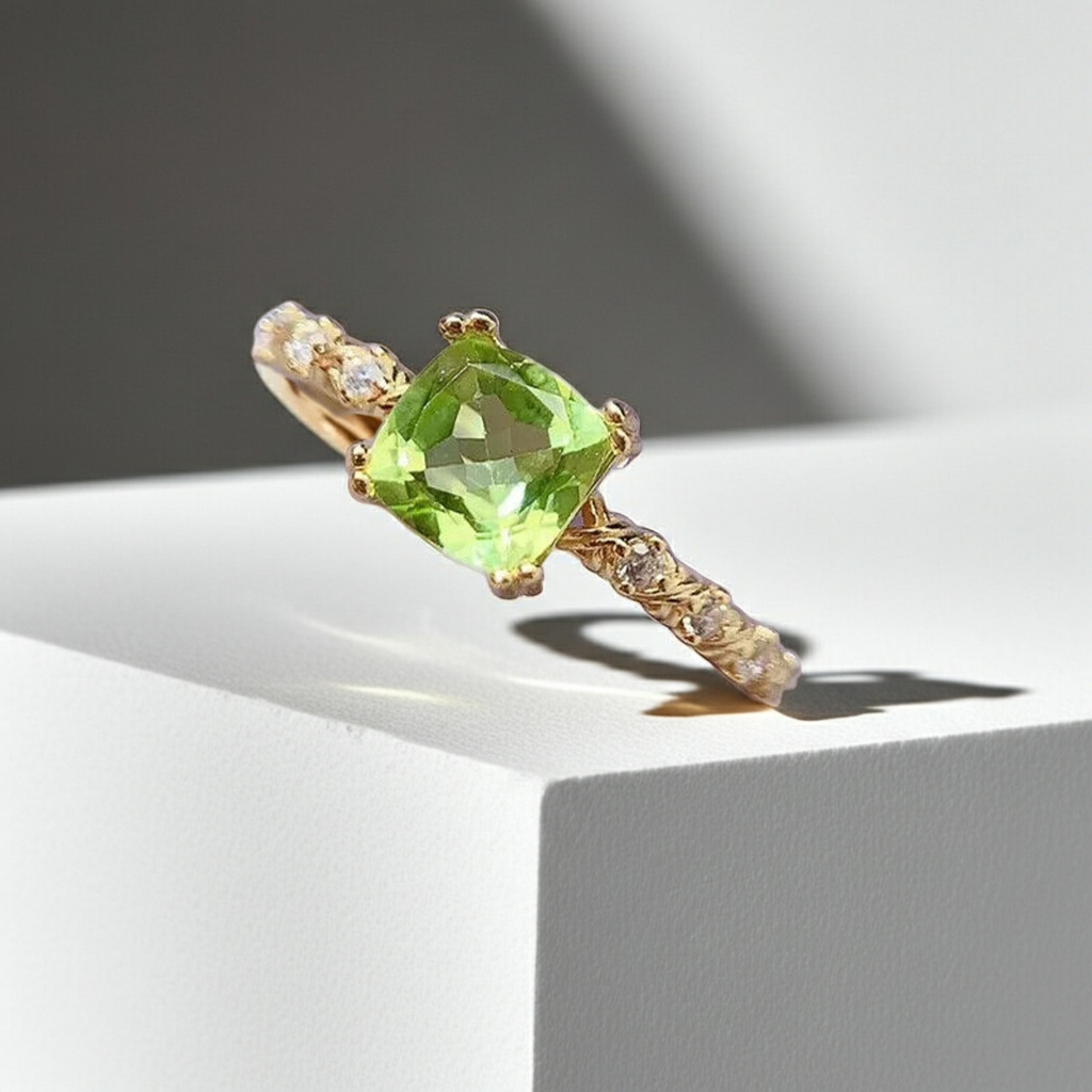 Natural Peridot Cushion Cut Gemstone Ring 6mm, August Birthstone Peridot Ring