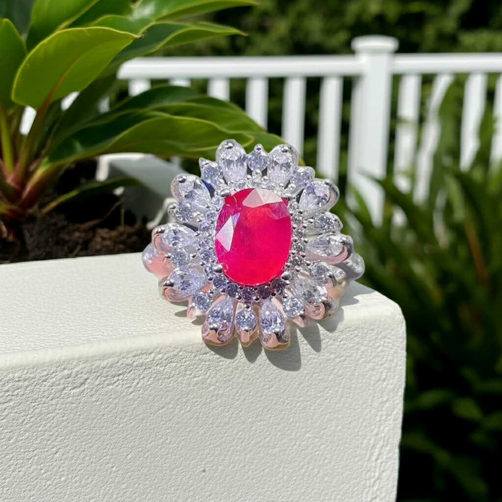 Burma Ruby Cluster Ring 6x8mm Platinum Plated