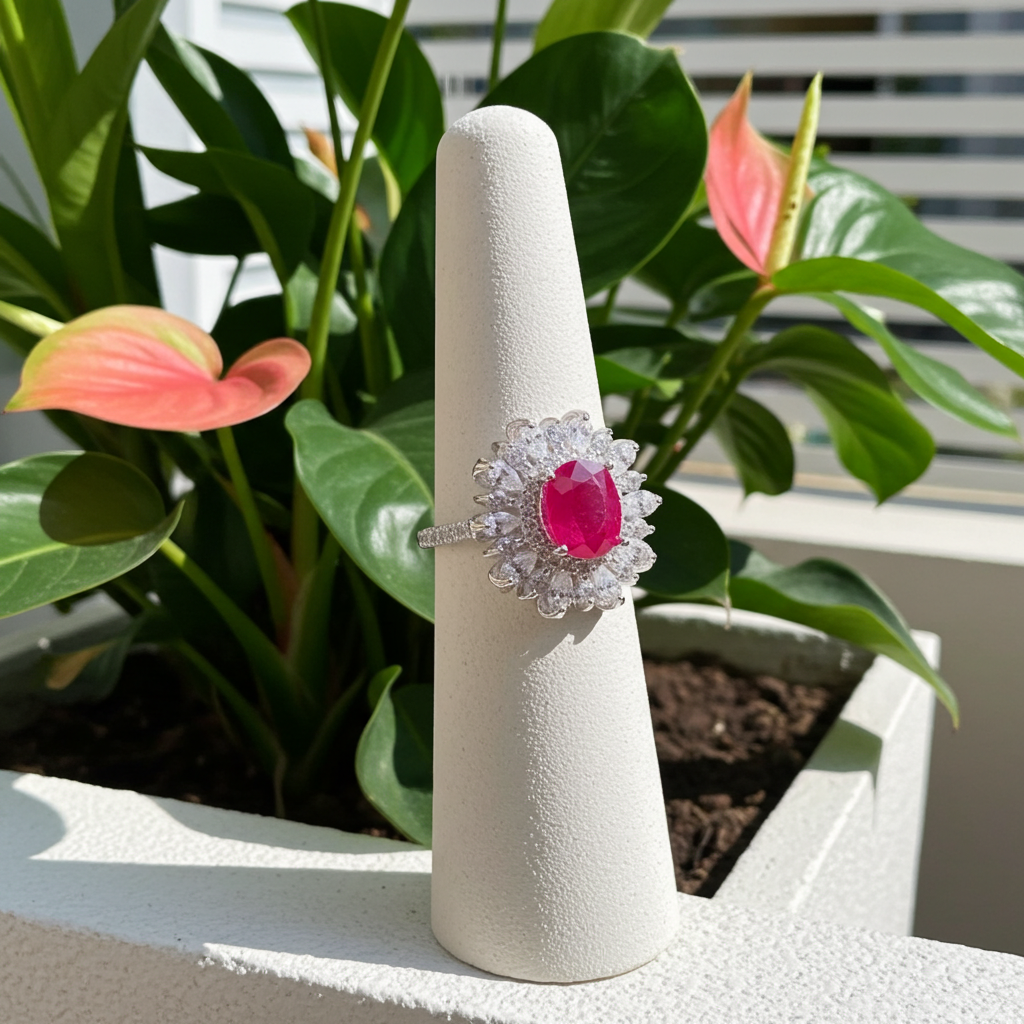 Burma Ruby Cluster Ring 6x8mm Platinum Plated
