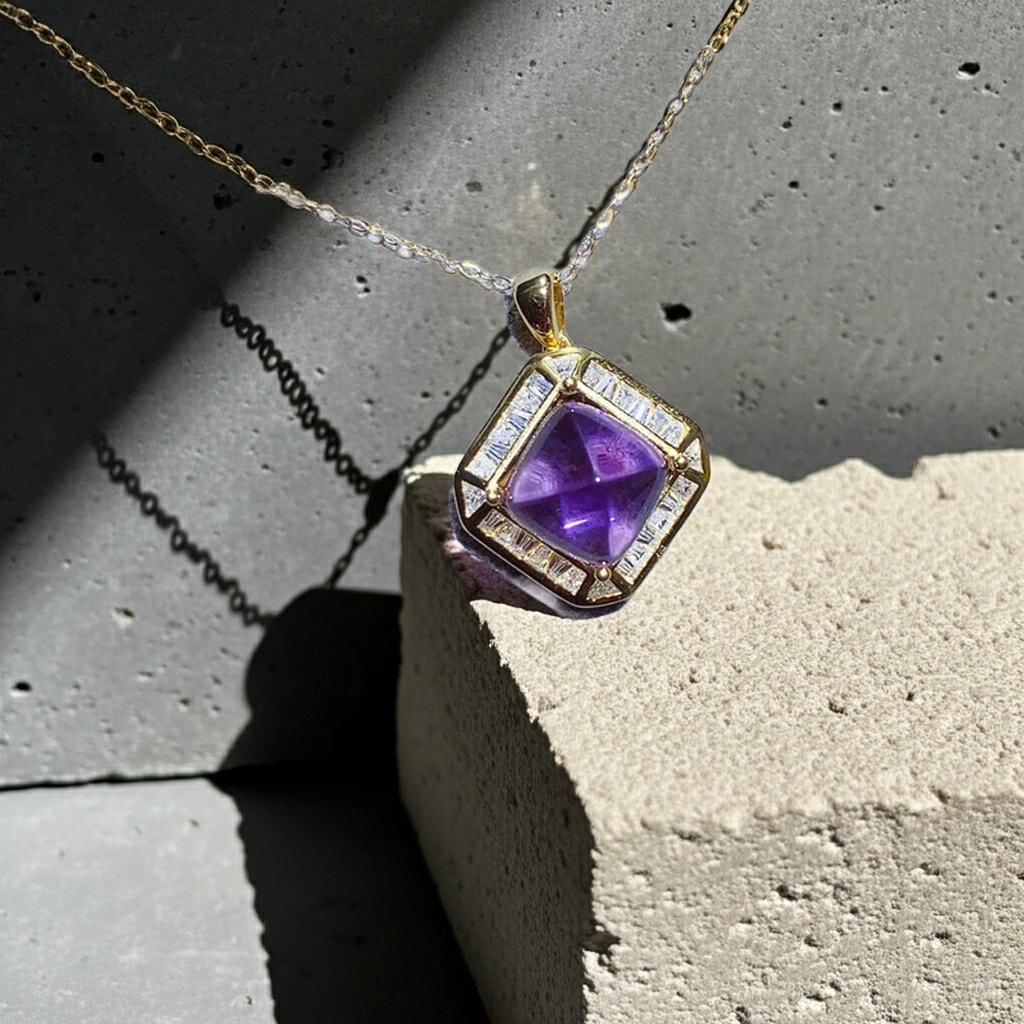 5CT Sugarloaf Amethyst Pendant Necklace 925 Sterling Silver