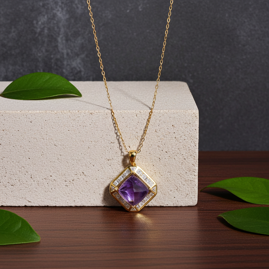5CT Sugarloaf Amethyst Pendant Necklace 925 Sterling Silver
