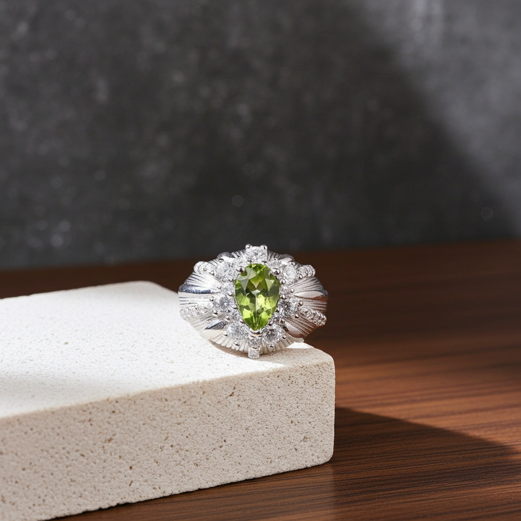 Natural Peridot Gemstone Ring 5x8mm 1CT, Peridot Statement Ring Sterling Silver