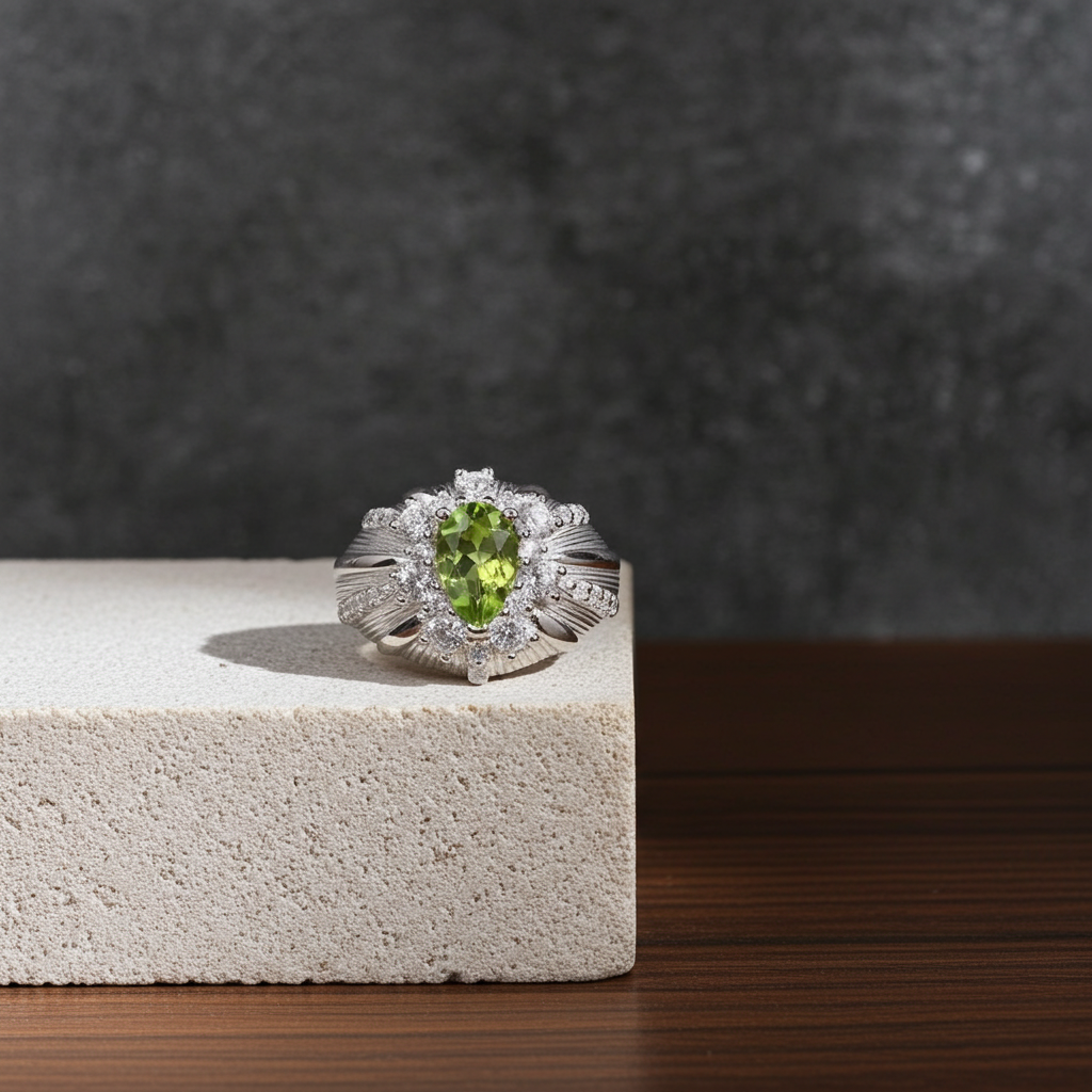 Natural Peridot Gemstone Ring 5x8mm 1CT, Peridot Statement Ring Sterling Silver