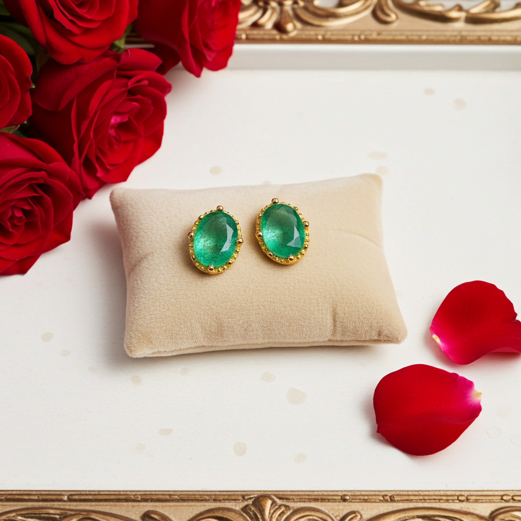 Bright Green Emerald Stud Earrings 5x7mm 14k Gold Plated