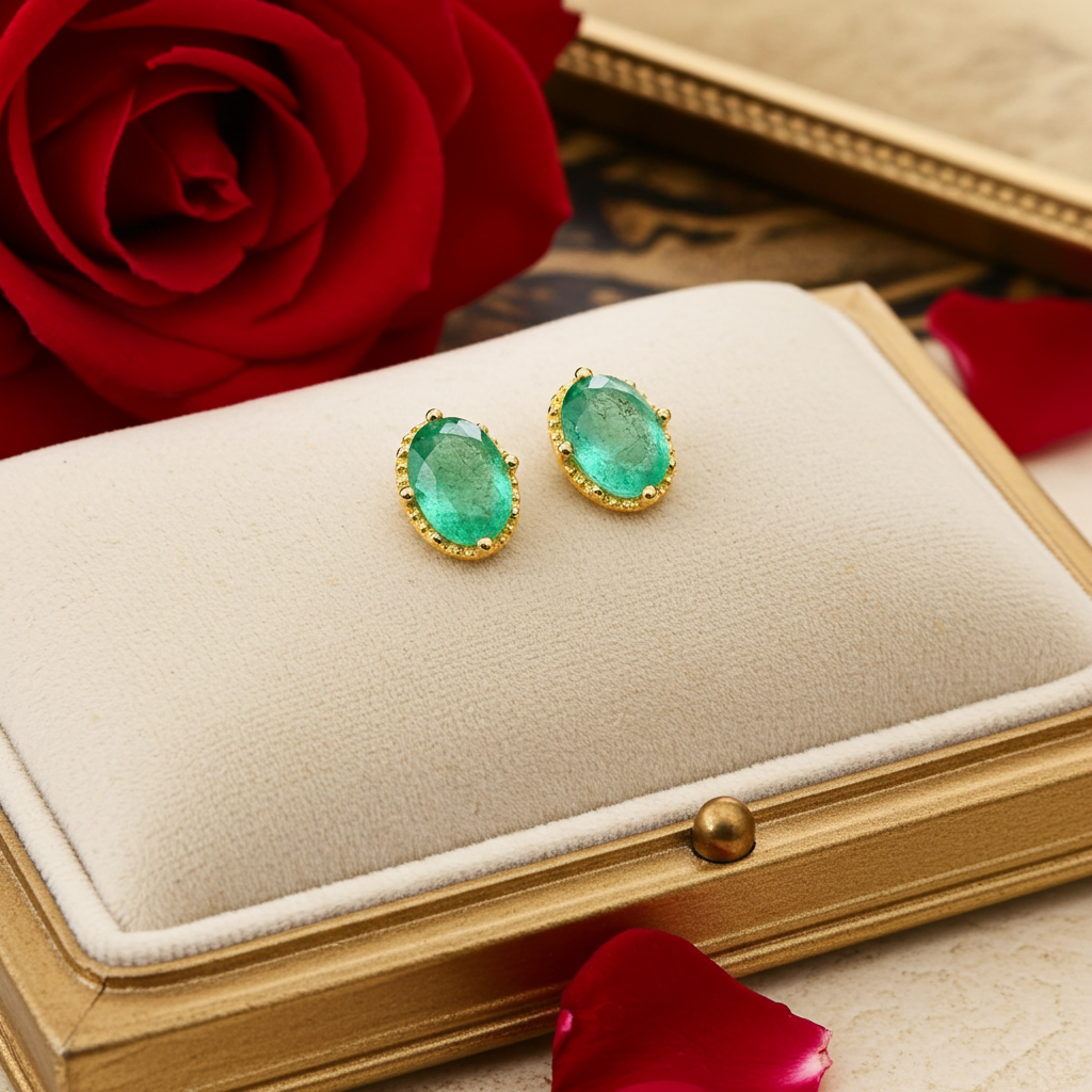 Bright Green Emerald Stud Earrings 5x7mm 14k Gold Plated
