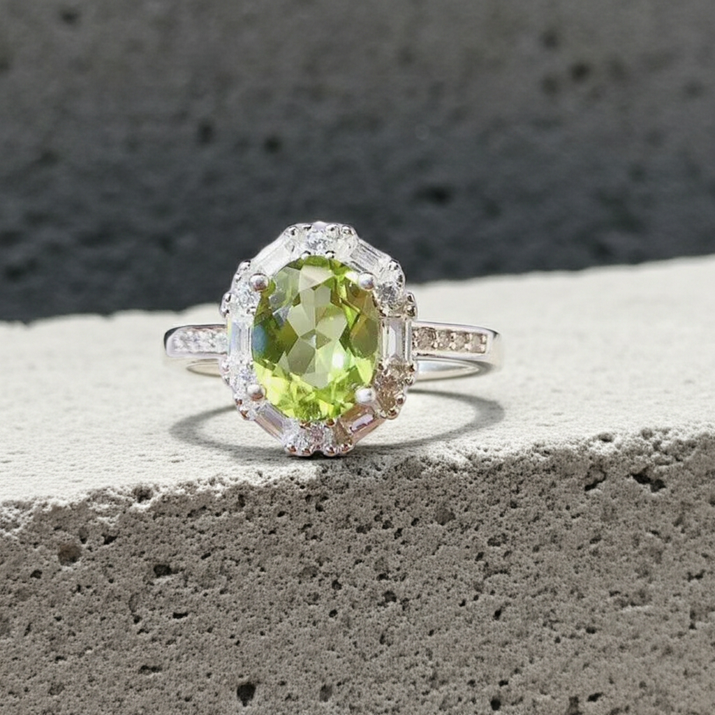 Natural Peridot Gemstone Ring 7x9mm 2CT, August Birthstone Peridot Ring