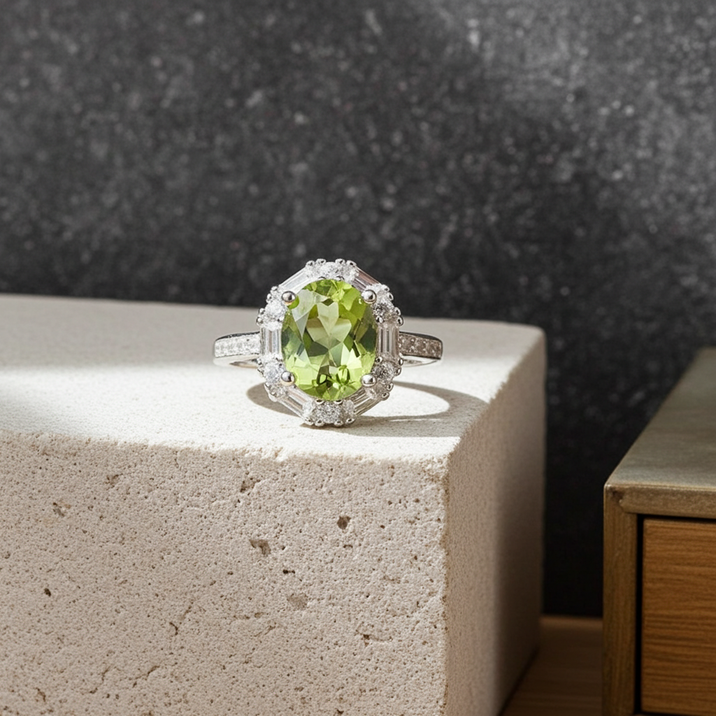 Natural Peridot Gemstone Ring 7x9mm 2CT, August Birthstone Peridot Ring