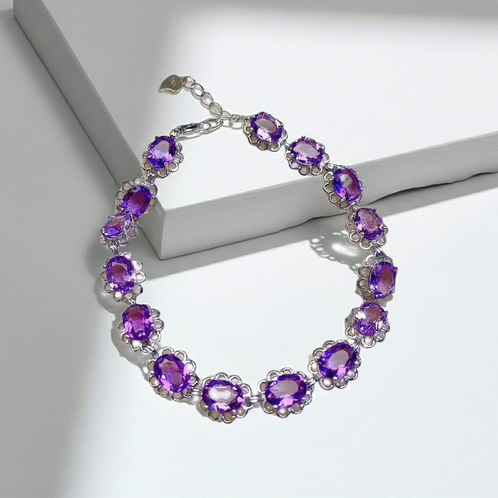 Natural Amethyst Flower Bracelet 5x7mm Sterling Silver