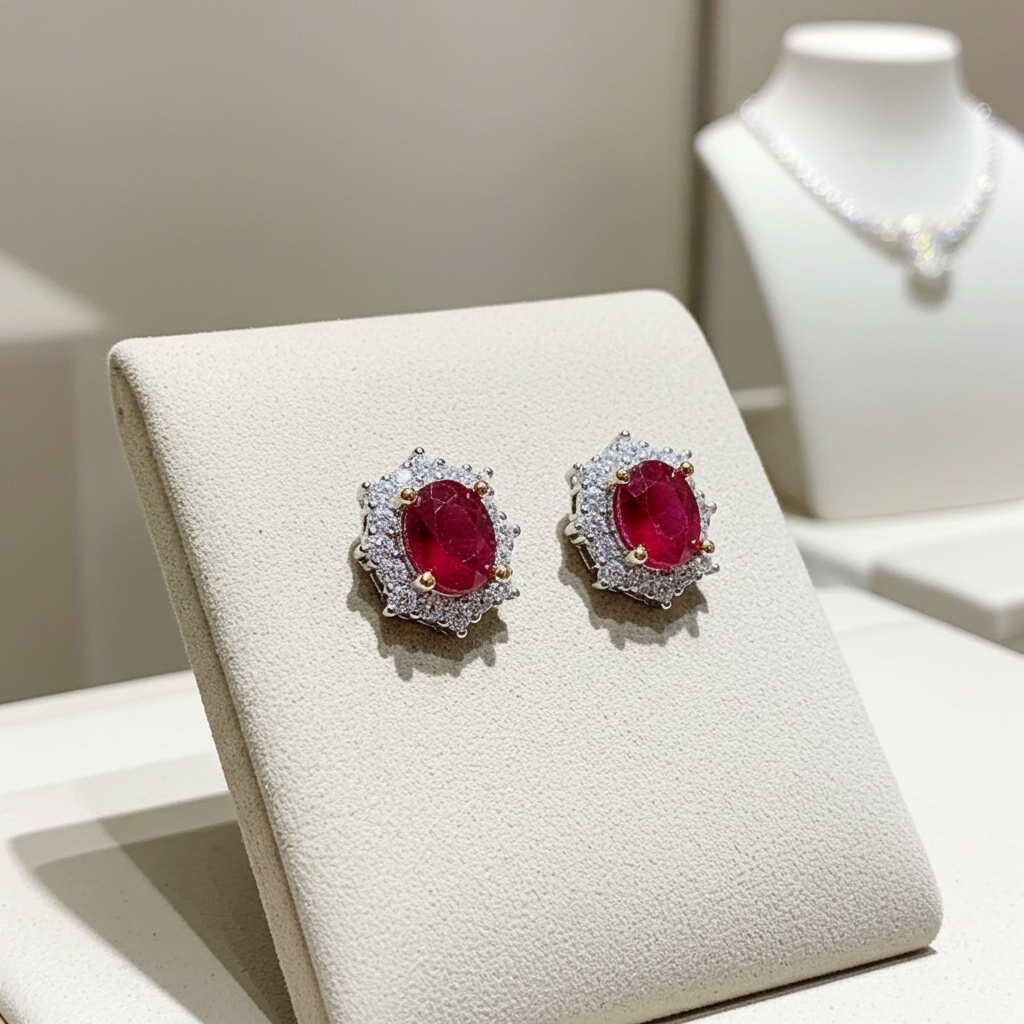 Natural Burma Ruby Stud Earrings 4x5mm, Women's Ruby Stud Earrings Platinum