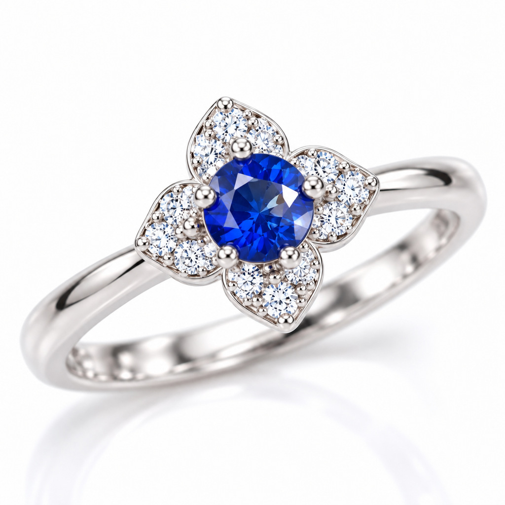 Natural 3.5mm blue sapphire ring shown at an angled view with four-petal floral halo