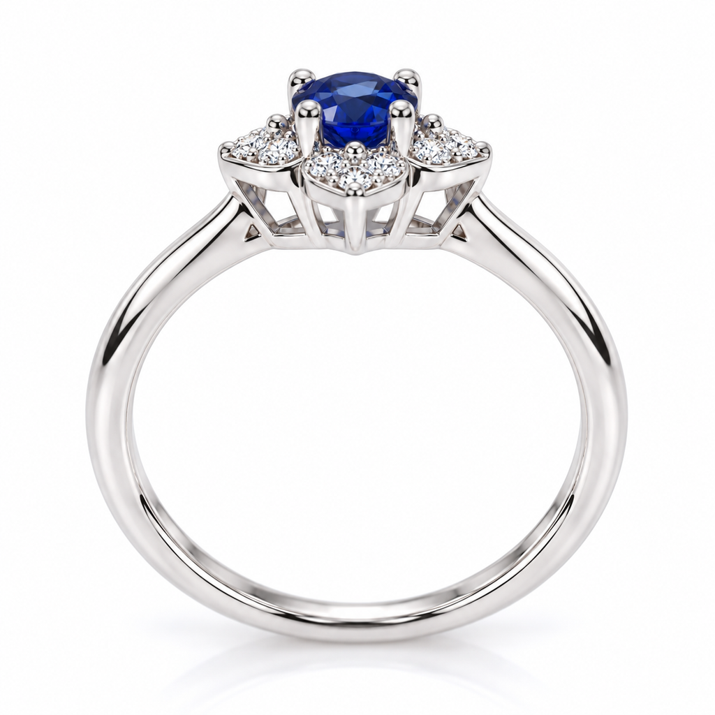 Side profile of a natural 3.5mm blue sapphire floral ring showing the gemstone setting and Sterling Silver band