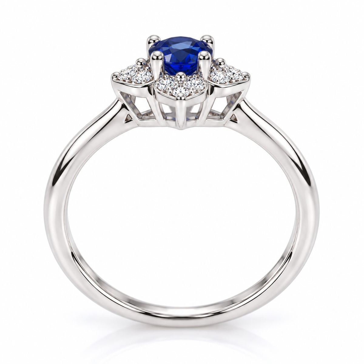 Side profile of a natural 3.5mm blue sapphire floral ring showing the gemstone setting and Sterling Silver band