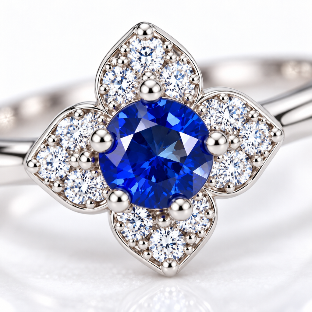 Close-up macro view of a 3.5mm natural blue sapphire surrounded by sparkling floral halo accents
