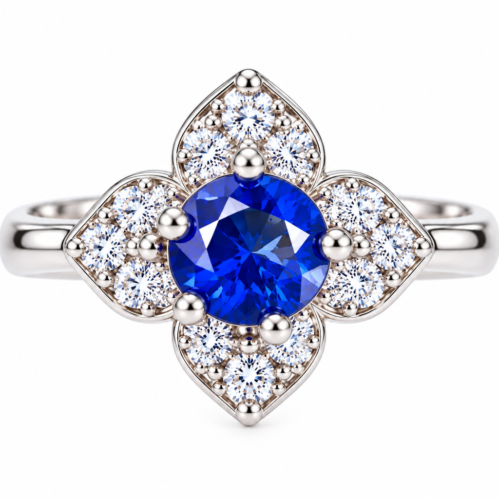 Close-up macro view of a 3.5mm natural blue sapphire surrounded by sparkling floral halo accents