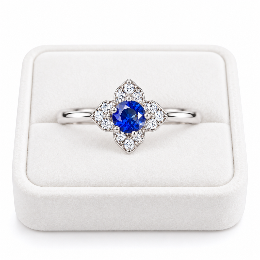 Natural 3.5mm round blue sapphire floral ring displayed on a white velvet jewelry tray