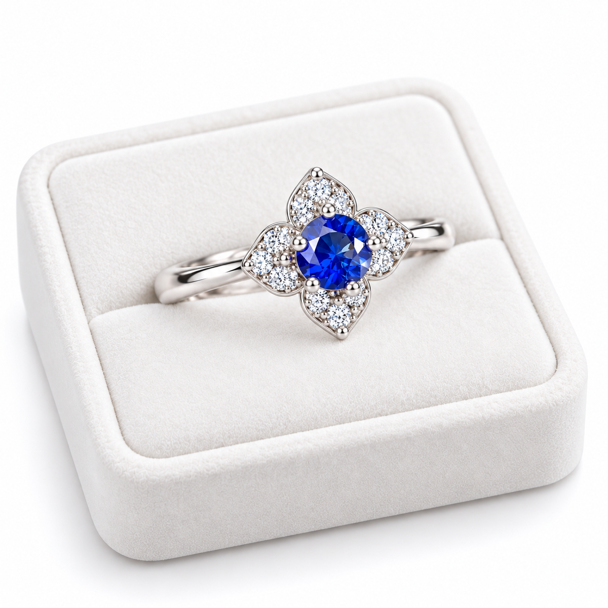 Natural 3.5mm round blue sapphire floral ring displayed on a white velvet jewelry tray
