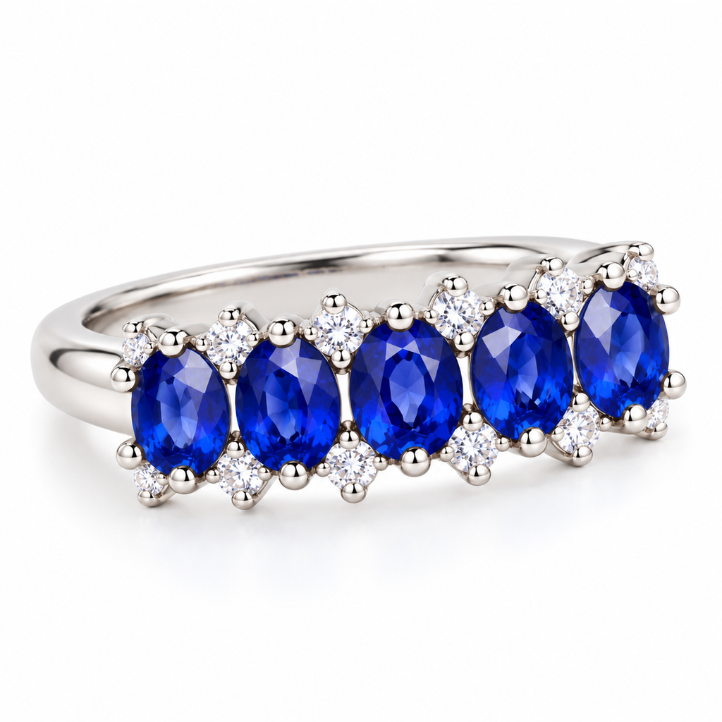 Angled view of a natural blue sapphire band ring featuring 3×4mm oval blue sapphires and a polished 925 Sterling Silver band