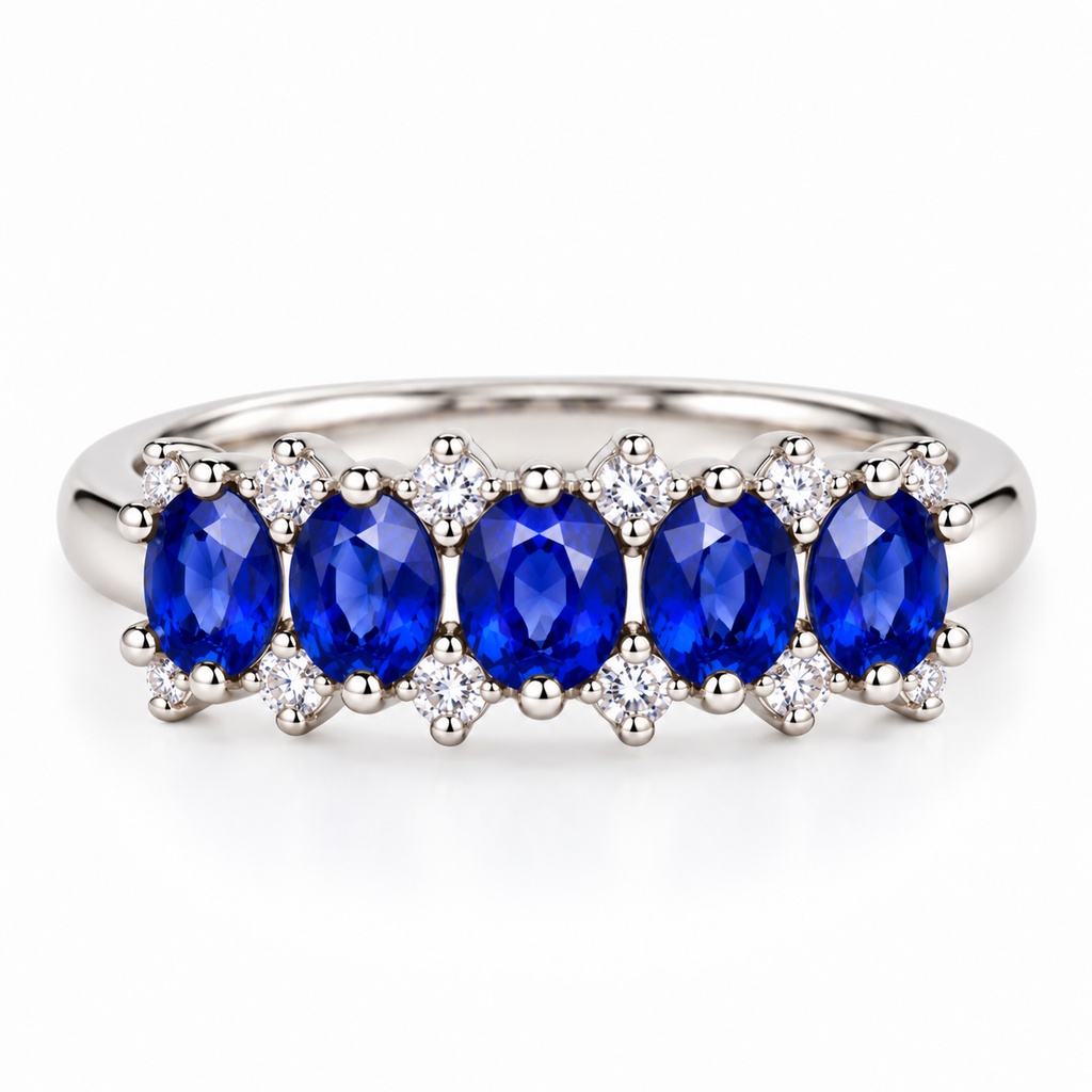 Top-down view of a natural blue sapphire band ring featuring 3×4mm oval sapphire gemstones in 925 Sterling Silver