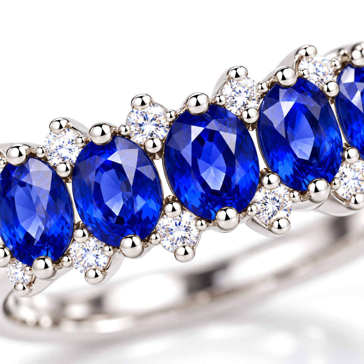 Macro close-up of natural 3×4mm blue sapphire gemstones in a detailed Sterling Silver band ring