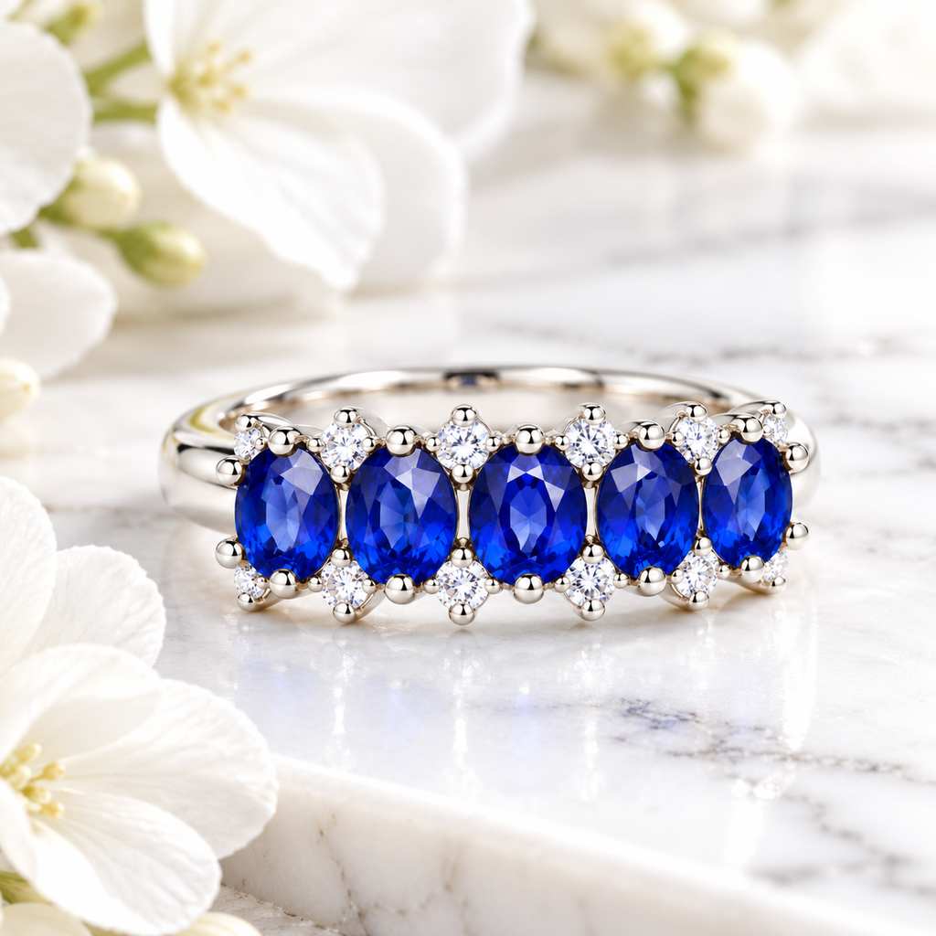 Natural 3×4mm blue sapphire band ring displayed in an elegant lifestyle setting