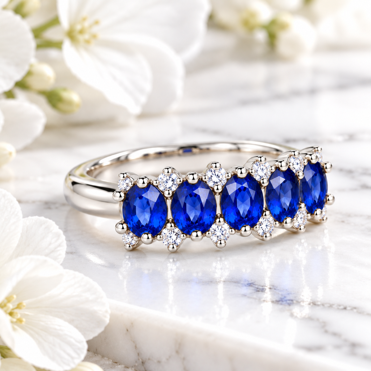 Natural 3×4mm blue sapphire band ring displayed in an elegant lifestyle setting
