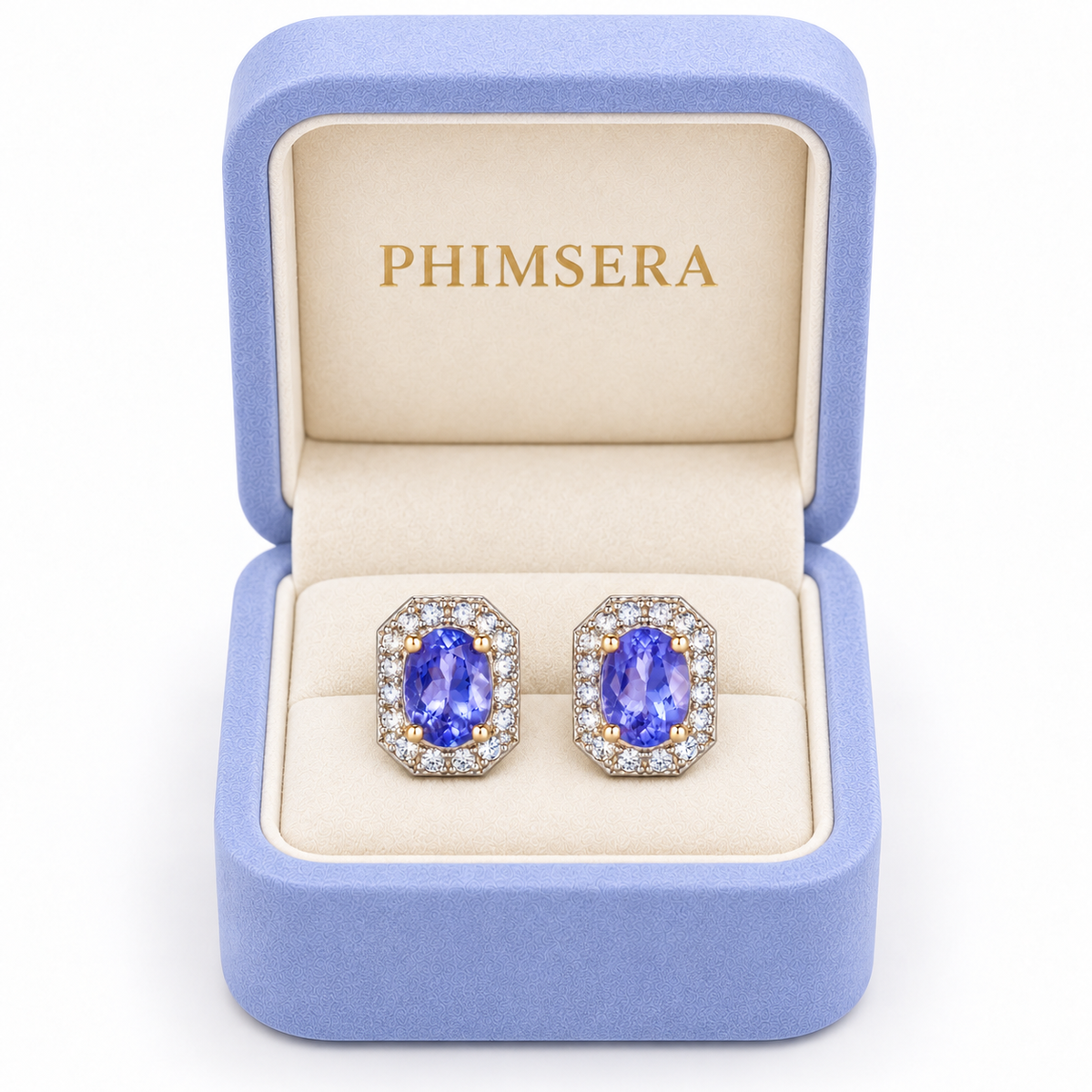 Phimsera natural purple tanzanite earrings presented in a jewelry gift box with a Certificate of Authenticity.