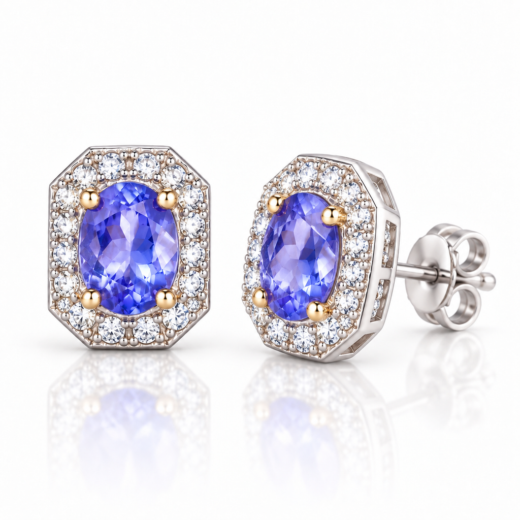 Phimsera natural 4×5mm tanzanite stud earrings shown at a 45-degree angle with faceted violet-blue gemstones and sparkling halo accents