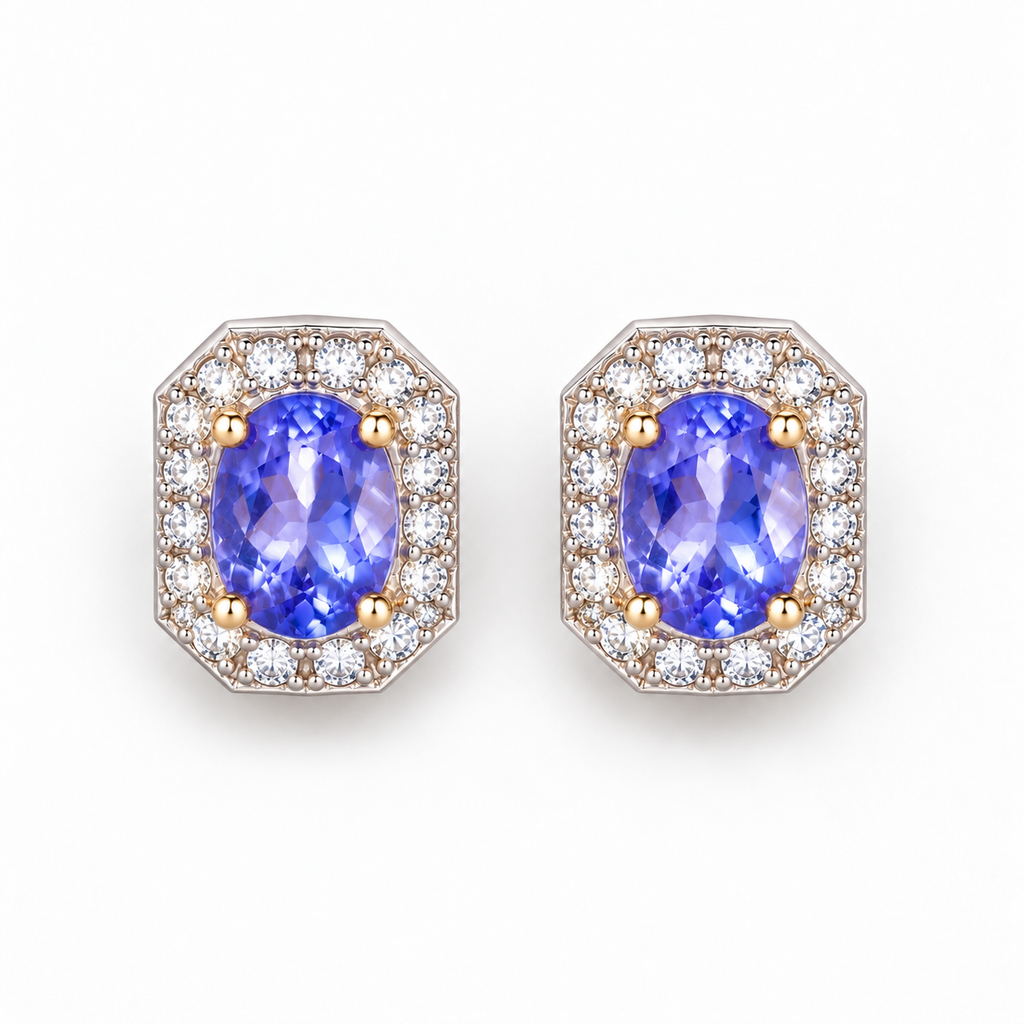 Top-down view of Phimsera purple tanzanite stud earrings featuring 4×5mm faceted gemstones and surrounding cubic zirconia accent stones.