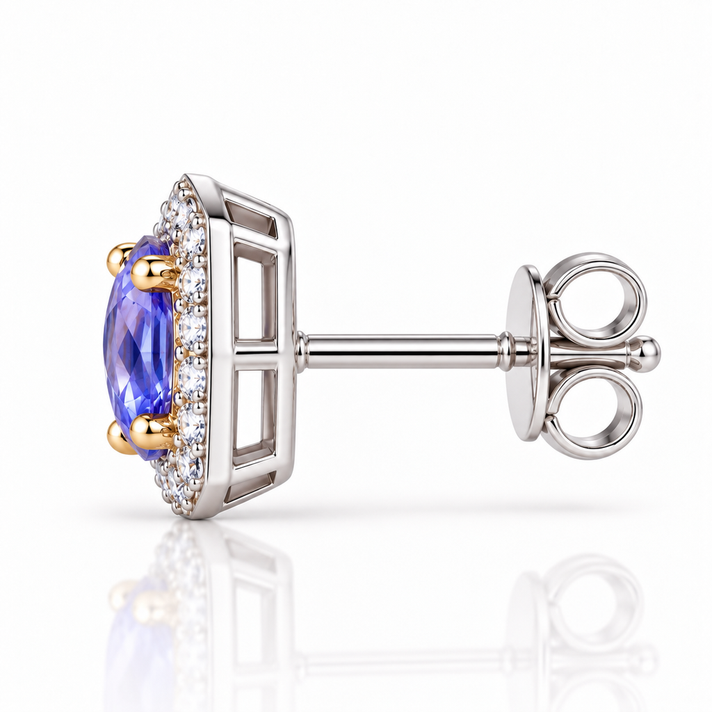 Side profile of Phimsera natural purple tanzanite earrings showing the gemstone setting, cubic zirconia accents, and 925 Sterling Silver construction.