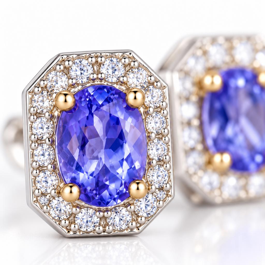 Macro close-up of Phimsera 4×5mm purple tanzanite gemstones showing lighter violet-blue color, faceted reflections, and surrounding cubic zirconia accents.