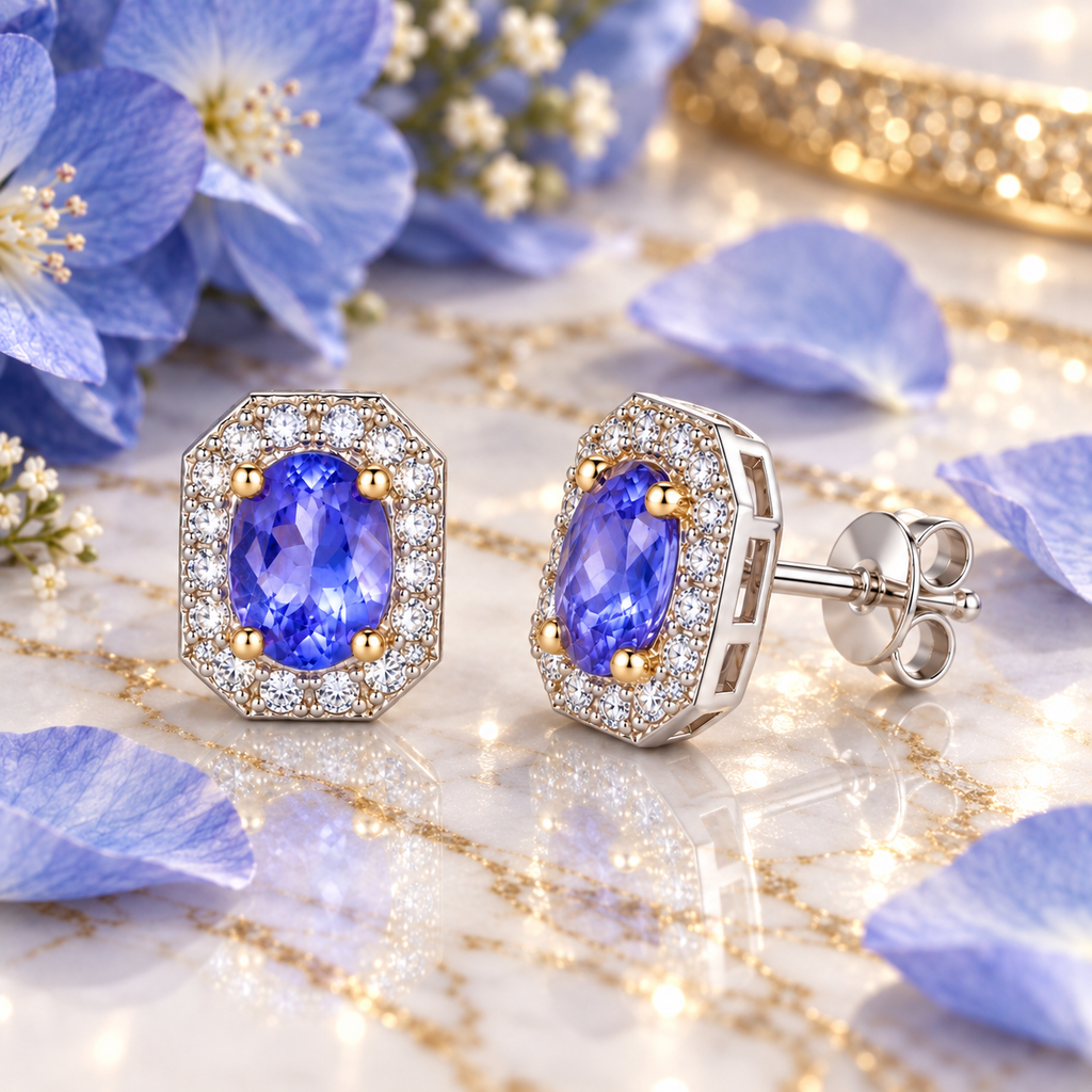 Phimsera natural purple tanzanite earrings styled with soft blue flower petals and a marble surface in an elegant jewelry lifestyle setting.
