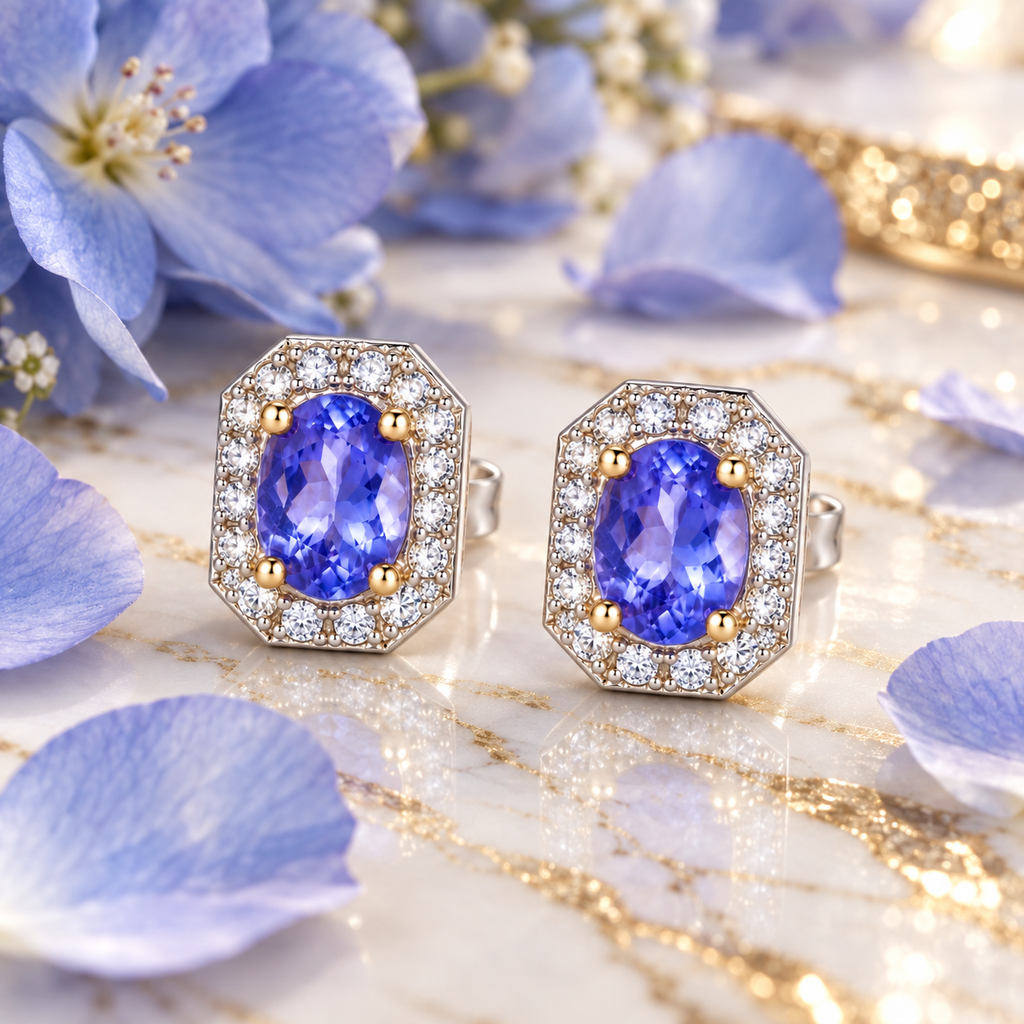 Phimsera natural purple tanzanite earrings styled with soft blue flower petals and a marble surface in an elegant jewelry lifestyle setting.
