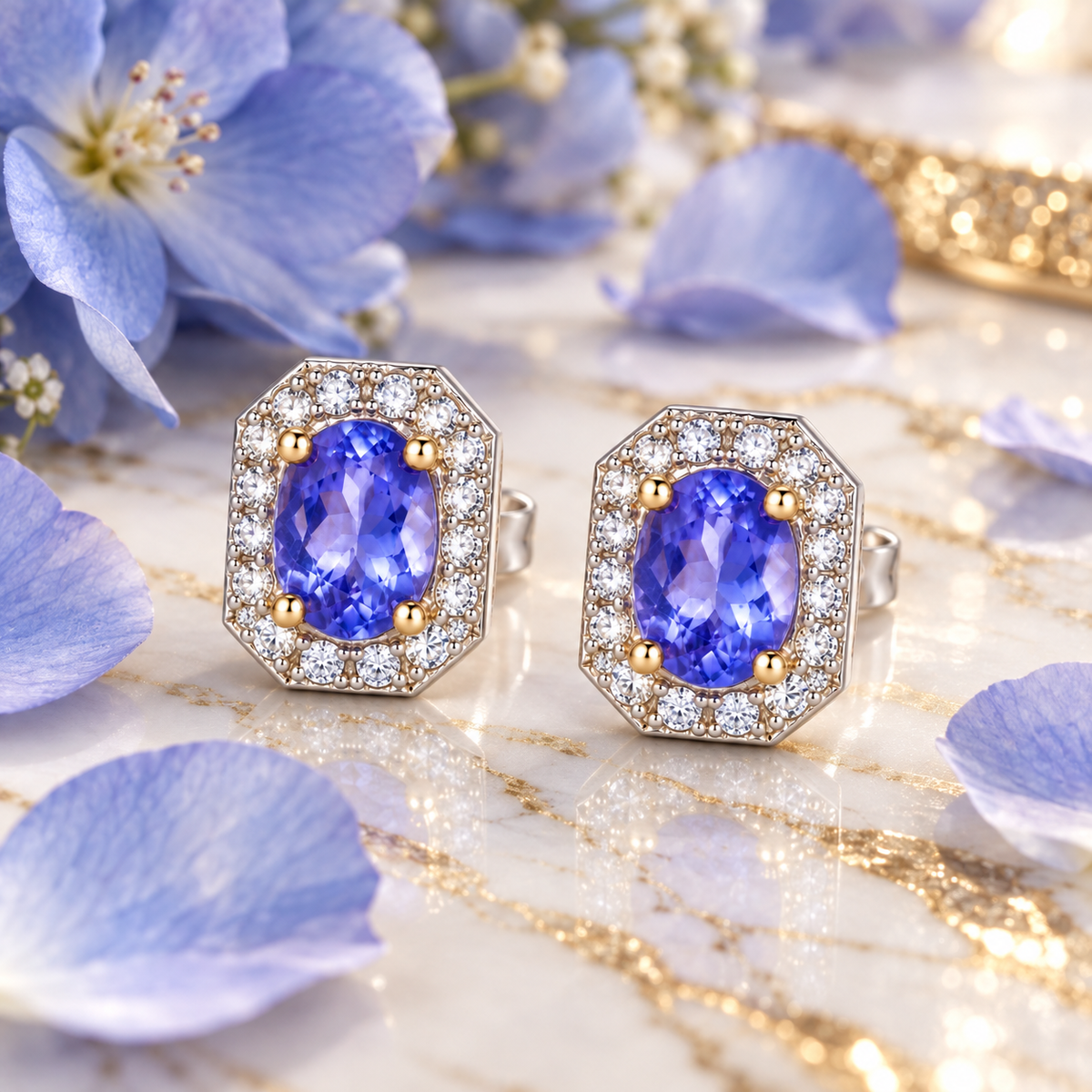 Phimsera natural purple tanzanite earrings styled with soft blue flower petals and a marble surface in an elegant jewelry lifestyle setting.