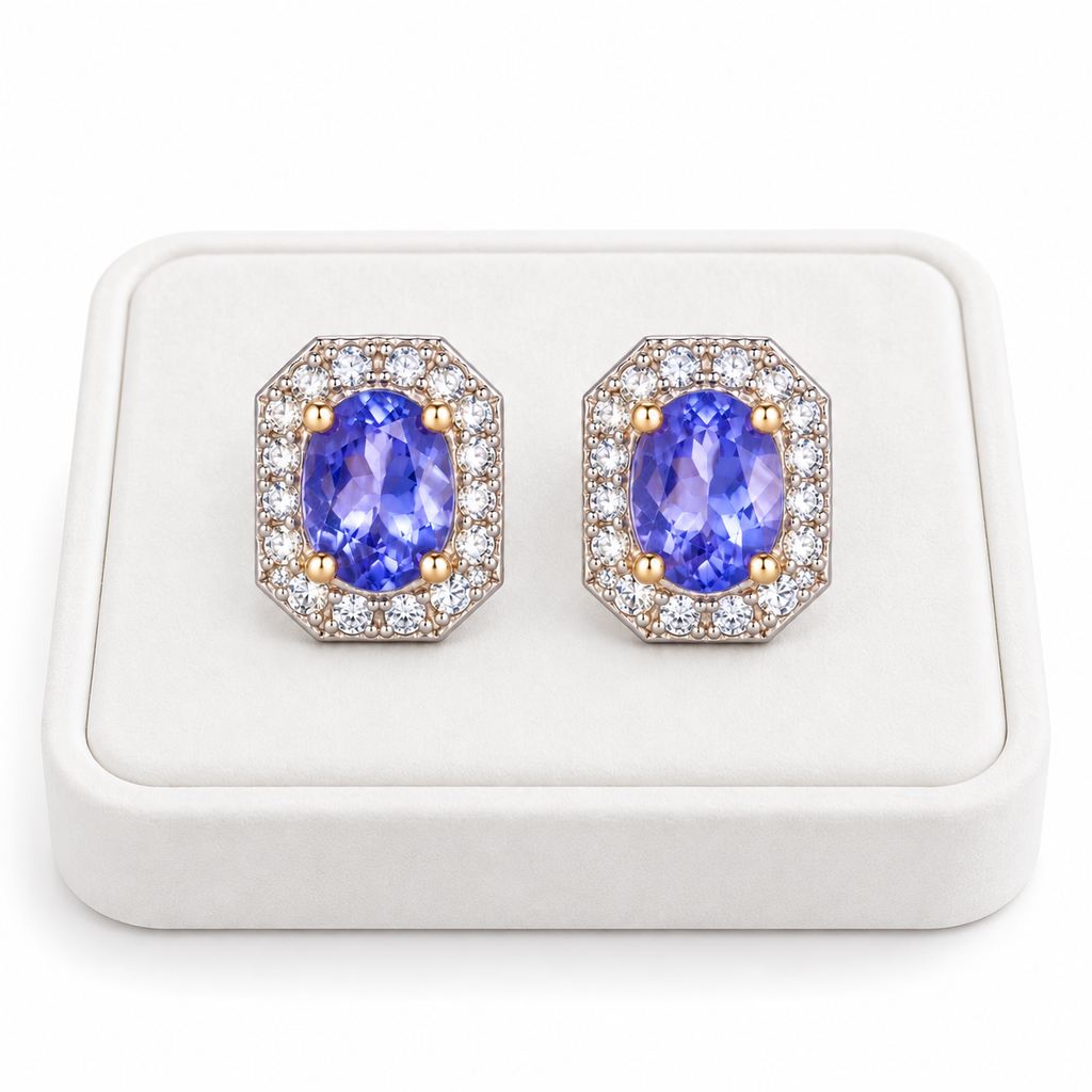 Phimsera 4×5mm natural purple tanzanite earrings displayed on a white velvet jewelry tray against a clean white background.