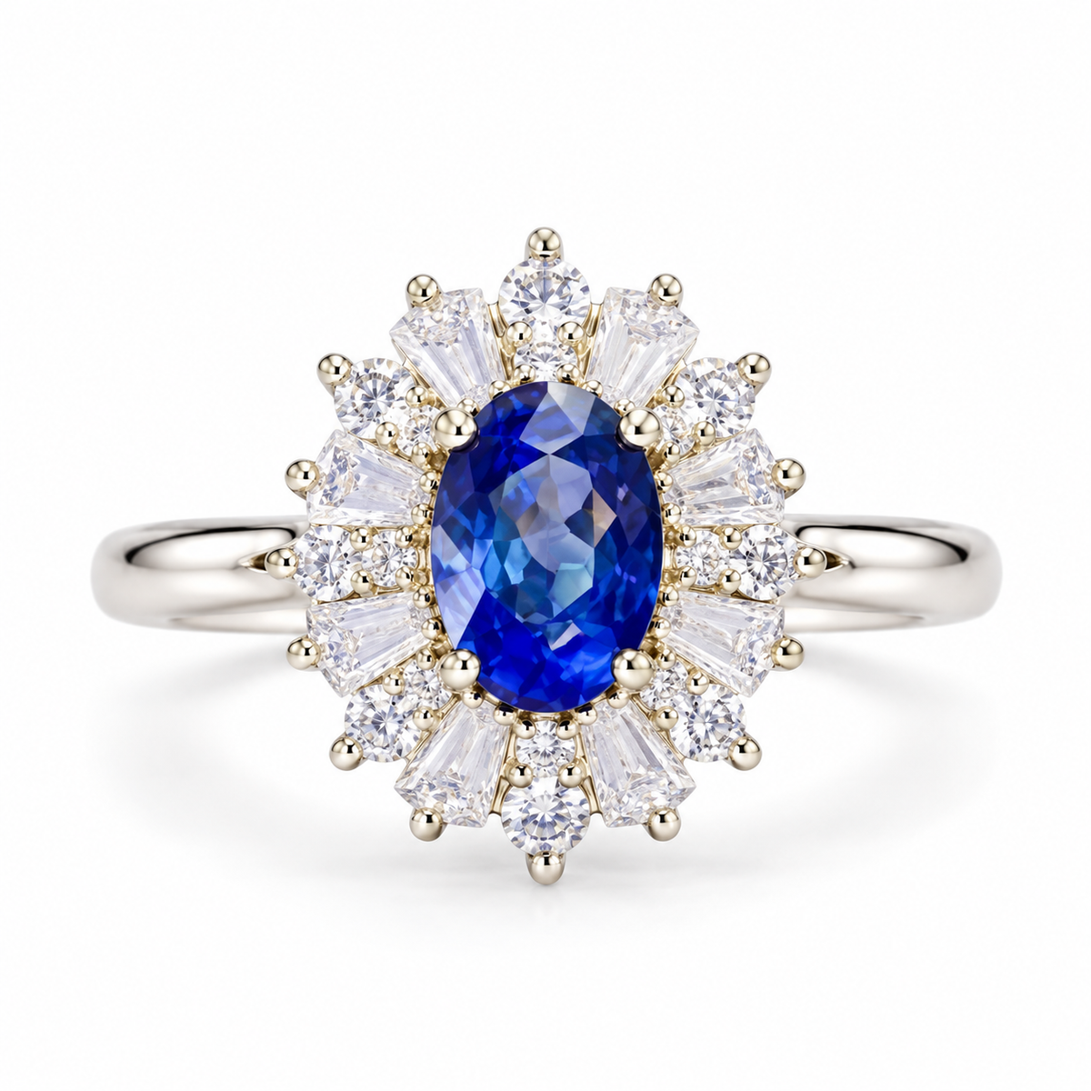 Natural 4×6mm oval blue sapphire ring in 925 Sterling Silver with floral-inspired halo on a white background