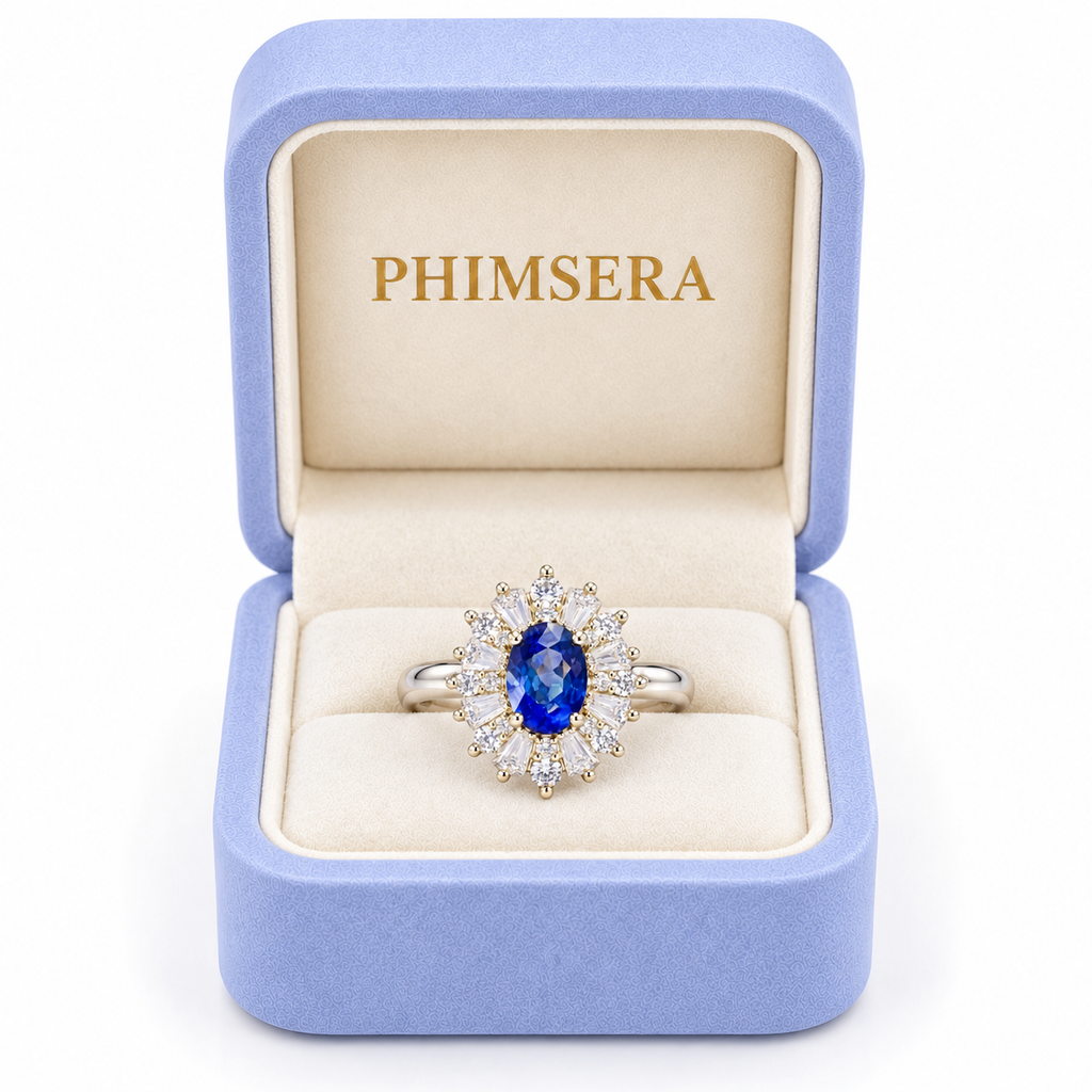 Natural 4×6mm blue sapphire ring presented inside a Phimsera jewelry gift box