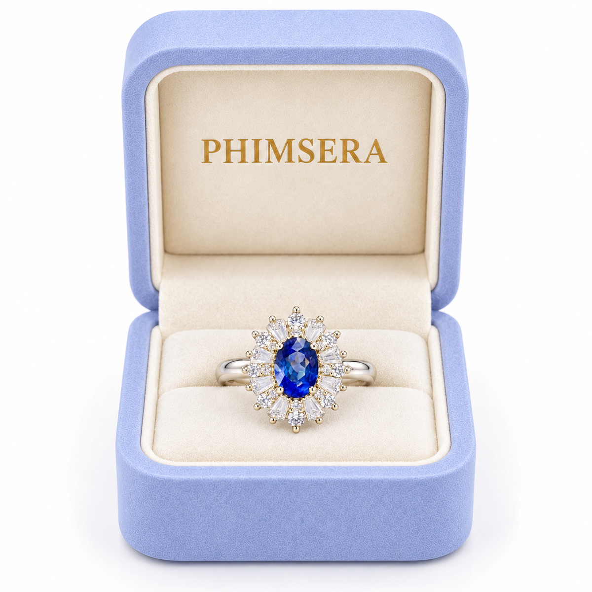 Natural 4×6mm blue sapphire ring presented inside a Phimsera jewelry gift box