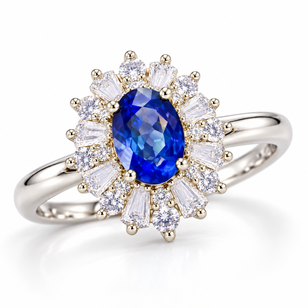 Angled view of a natural 4×6mm blue sapphire ring with floral-inspired halo and 925 Sterling Silver setting