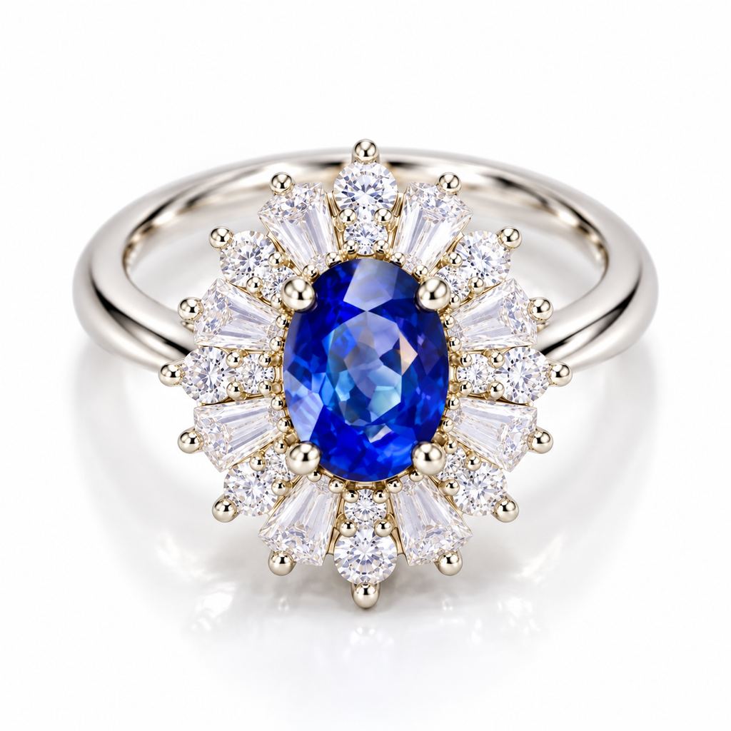 Top-down view of a natural 4×6mm oval blue sapphire ring with surrounding clear accent stones
