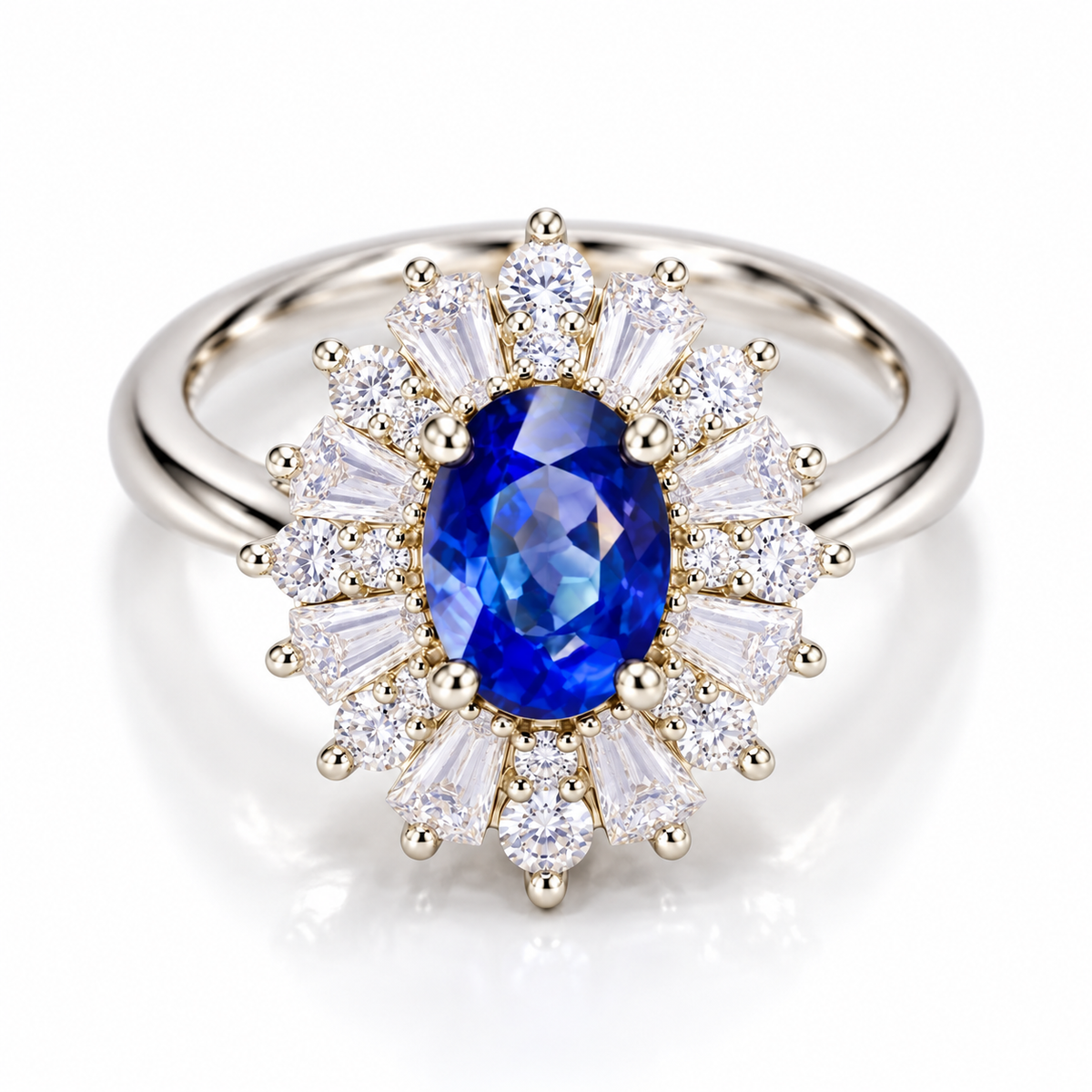 Top-down view of a natural 4×6mm oval blue sapphire ring with surrounding clear accent stones