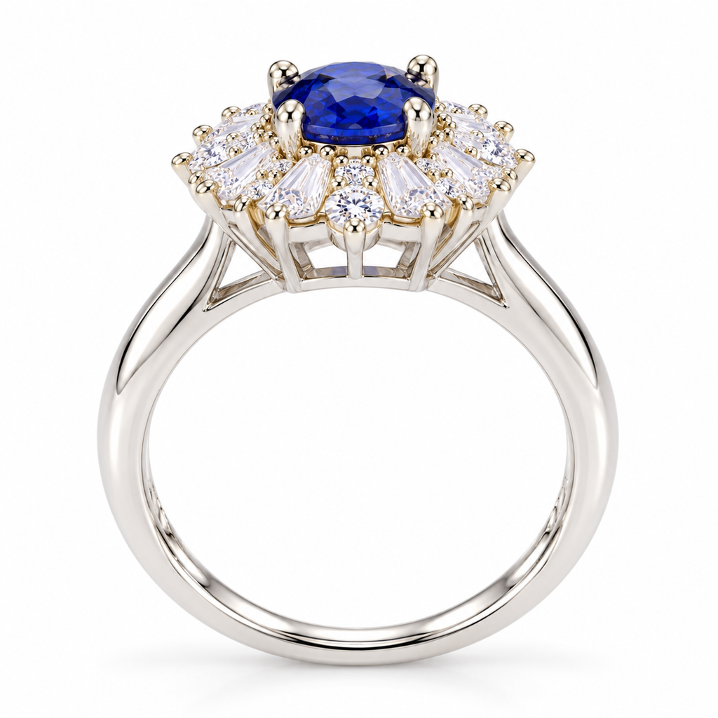 Side profile of a natural 4×6mm blue sapphire ring showing the gemstone setting and Sterling Silver band