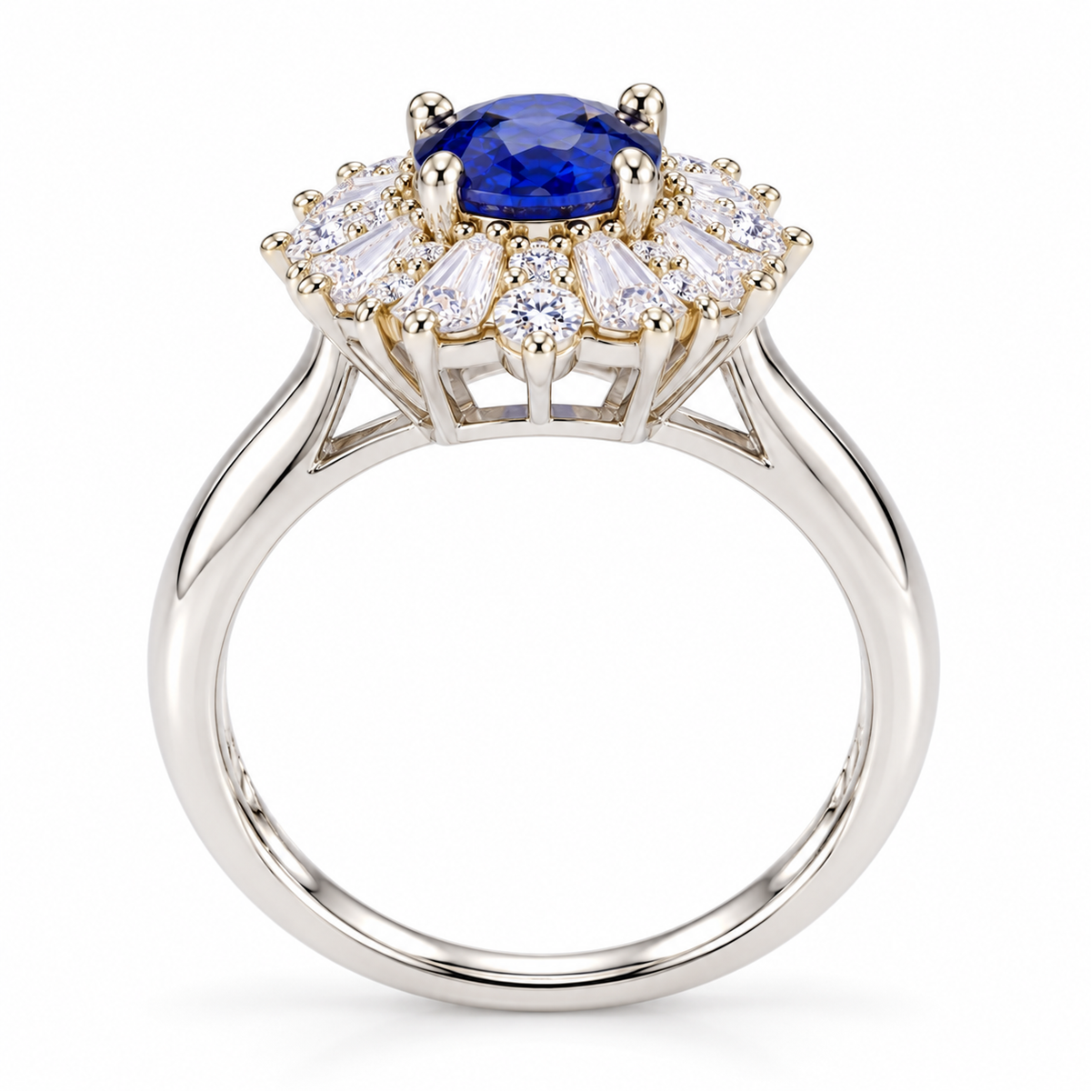 Side profile of a natural 4×6mm blue sapphire ring showing the gemstone setting and Sterling Silver band