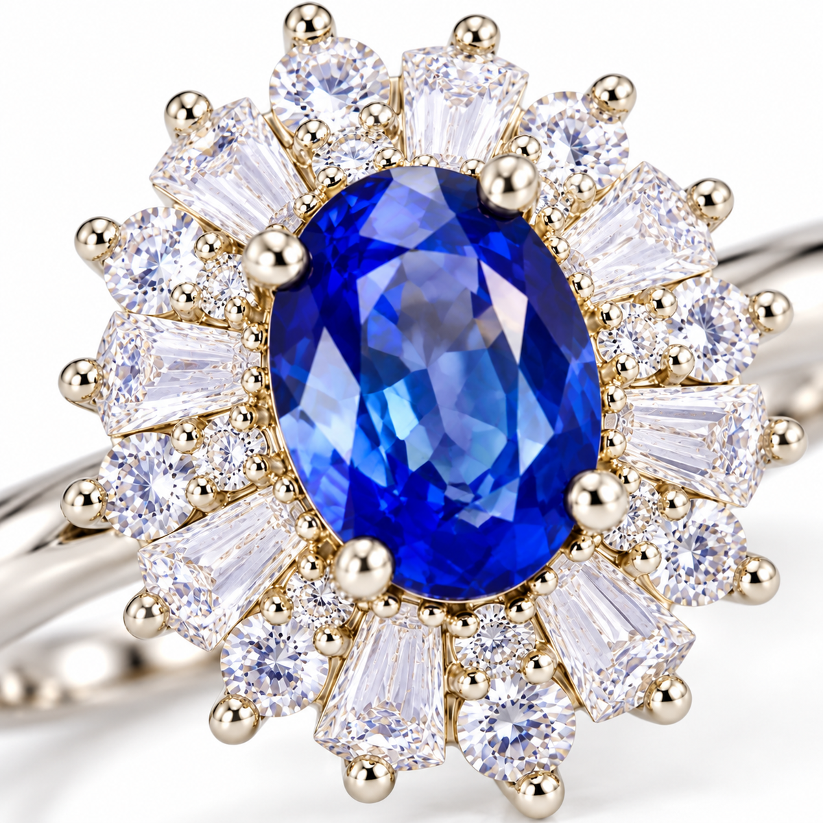 Macro close-up of a natural 4×6mm oval blue sapphire showing the faceted gemstone and surrounding halo accents