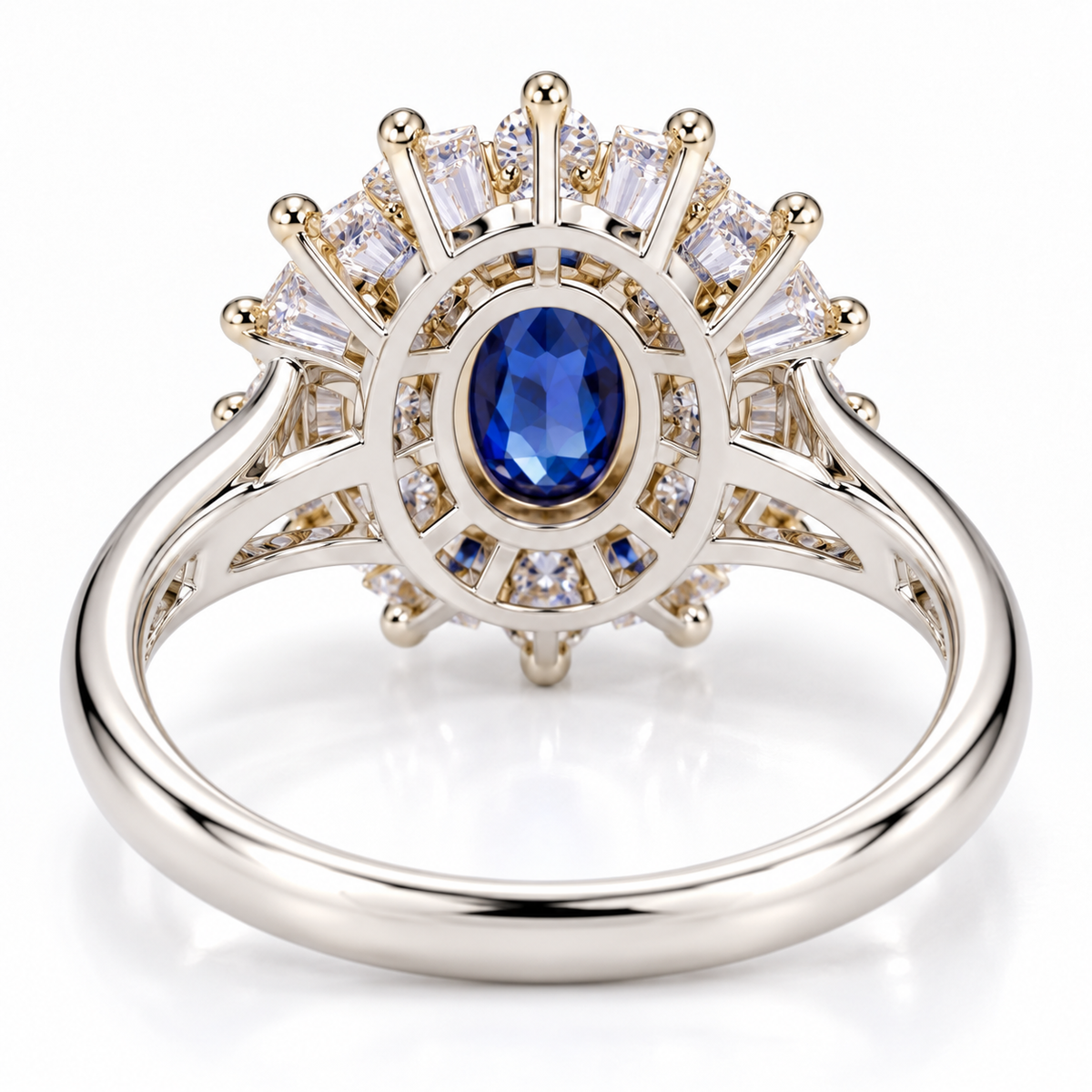 Detailed underside view of a natural 4×6mm blue sapphire ring showing the gemstone setting and 925 Sterling Silver construction