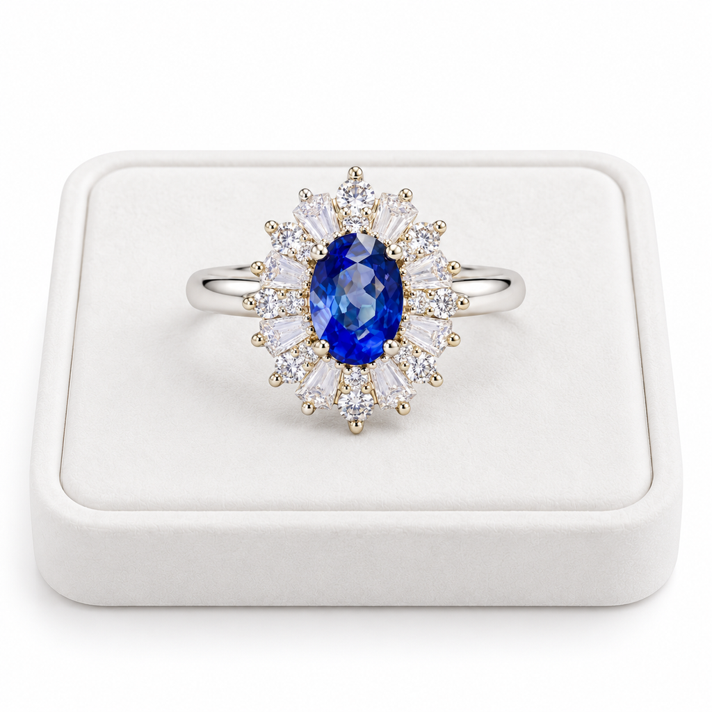 Natural 4×6mm oval blue sapphire ring displayed on a white velvet jewelry tray
