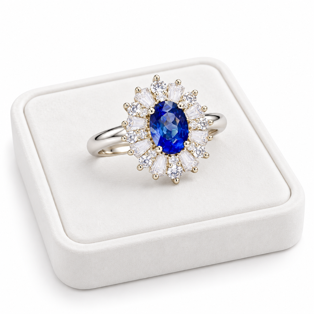 Natural 4×6mm oval blue sapphire ring displayed on a white velvet jewelry tray
