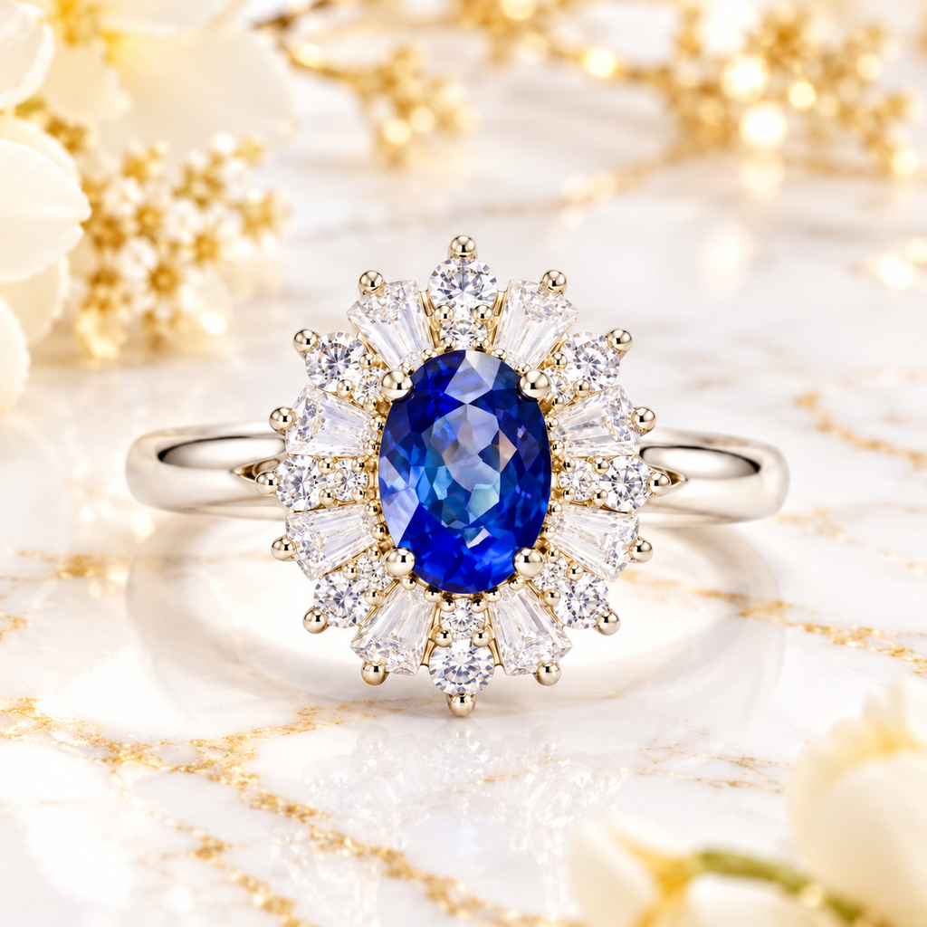 Natural 4×6mm oval blue sapphire ring displayed on white marble with subtle gold undertones and soft white and yellow flowers