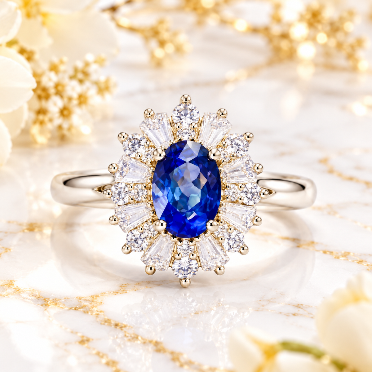 Natural 4×6mm oval blue sapphire ring displayed on white marble with subtle gold undertones and soft white and yellow flowers